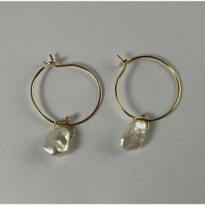 Dainty New Genuine White Shell Pearl & Gold Filled Hoop Earrings 1.75” Gift!